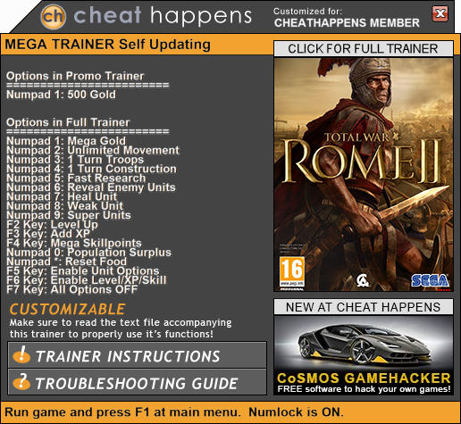 Total War: Rome 2 - Trainer +14 v2.2.0 Build 17561.1238328 HF2 + Emperor's Edition {CheatHappens.com}