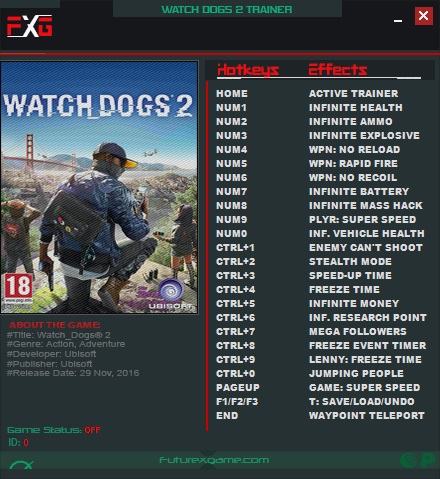 Watch Dogs 2: Trainer +23 v1.07 - v1.017 {FutureX}