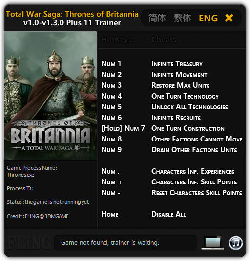 Total War Saga: Thrones of Britannia: Trainer +11 v1.3.0 {FLiNG}