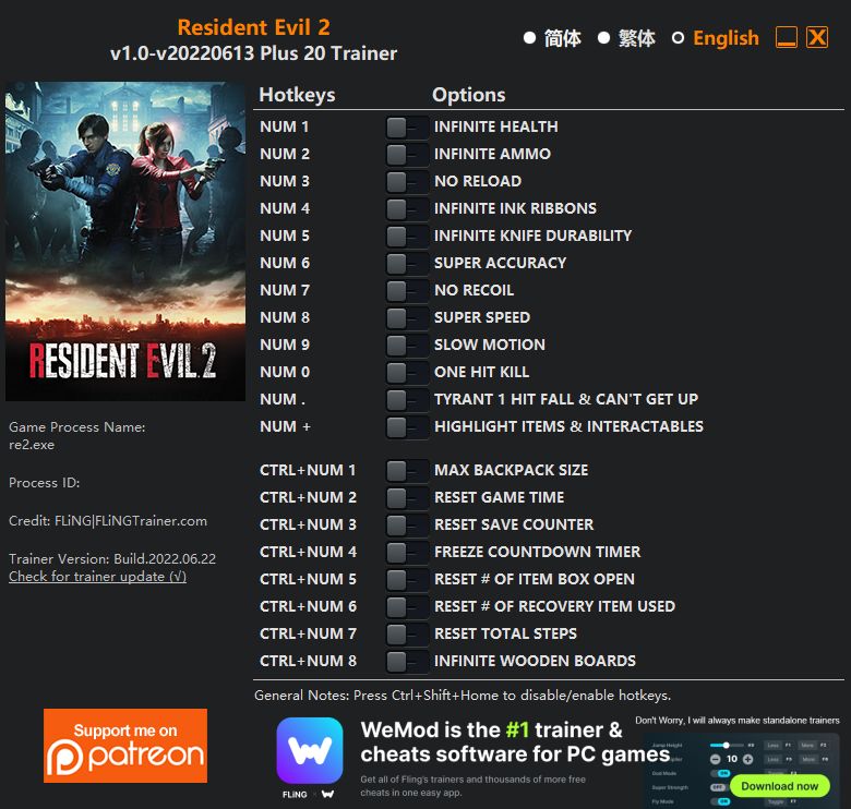 Resident Evil 2: Trainer +20 v1.0-v20220613 {FLiNG}