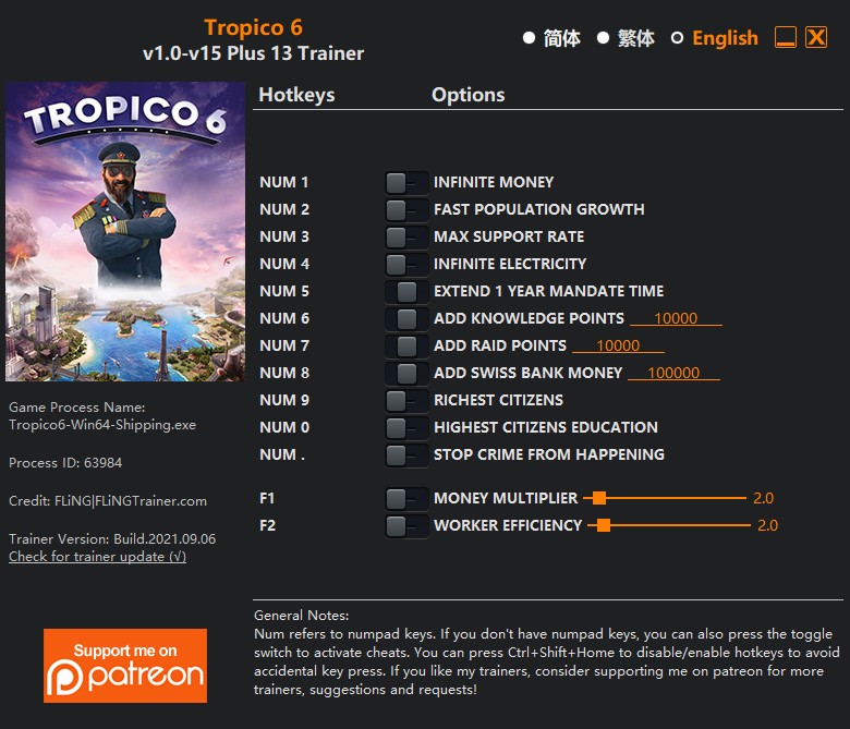 Tropico 6: Trainer +13 v1.0-v15 {FLiNG}