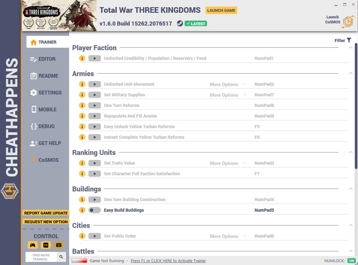 Total War: Three Kingdoms - Trainer +24 v1.6.0 Build 15262.2076517 (STEAM+ALT) {CheatHappens.com}
