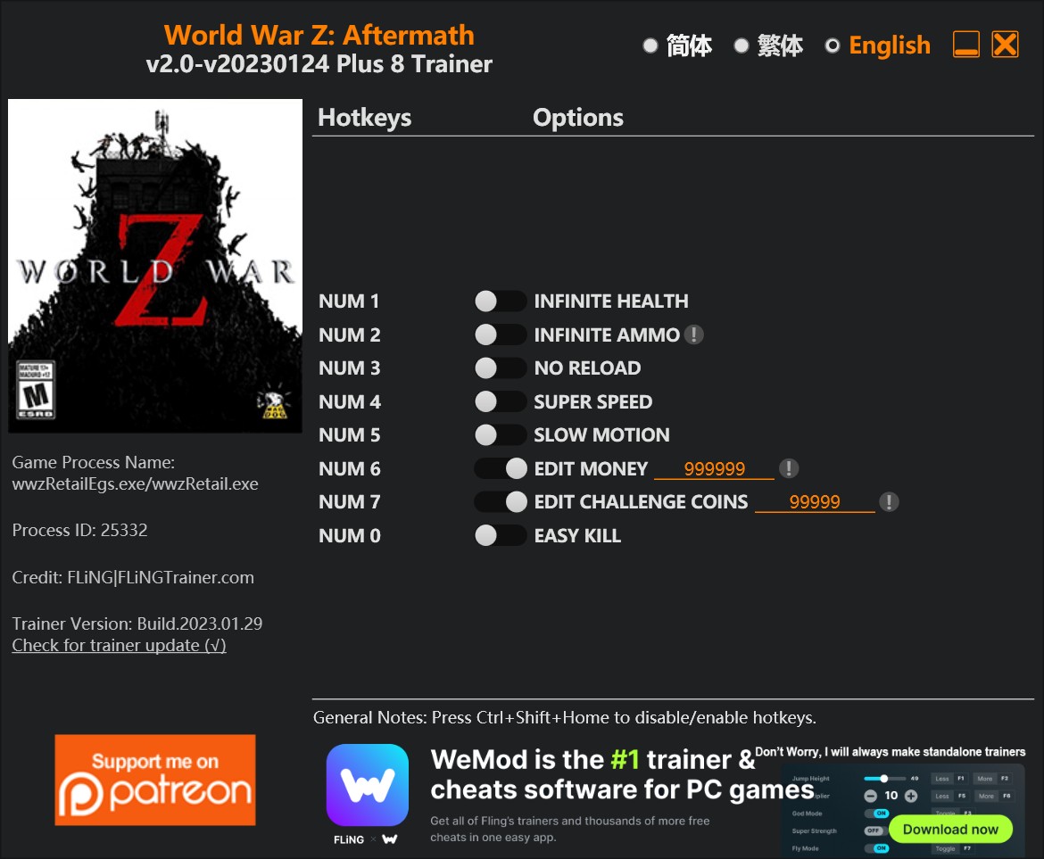 World War Z/World War Z: Aftermath: Trainer +8 v2.0-v20230124 {FLiNG}