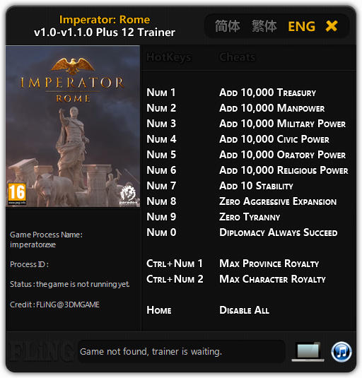 Imperator: Rome - Trainer +12 v1.1.0 {FLiNG}