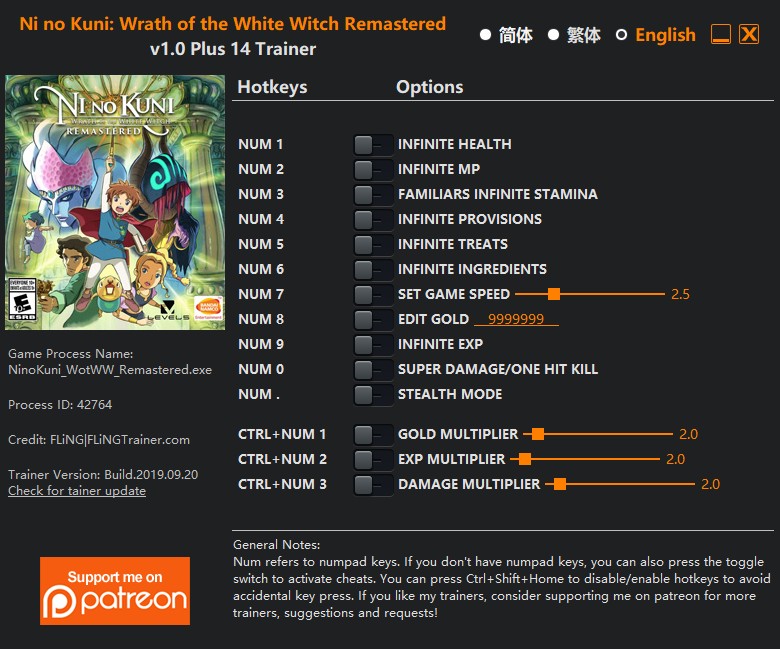 Ni no Kuni: Wrath of the White Witch Remastered - Trainer +14 v1.0 {FLiNG}
