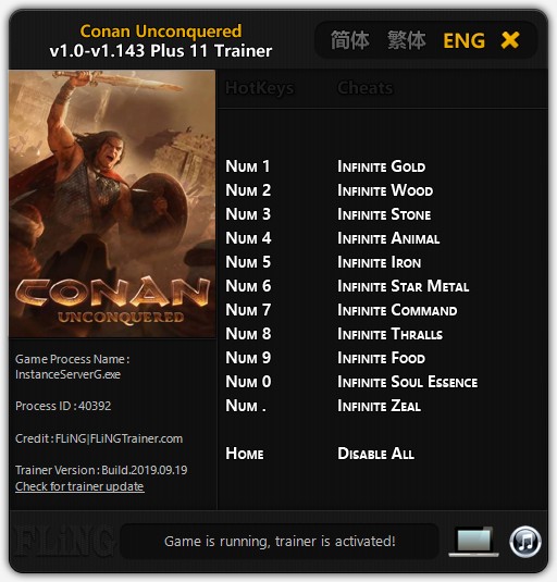 Conan Unconquered: Trainer +11 v1.0-v1.143 {FLiNG}