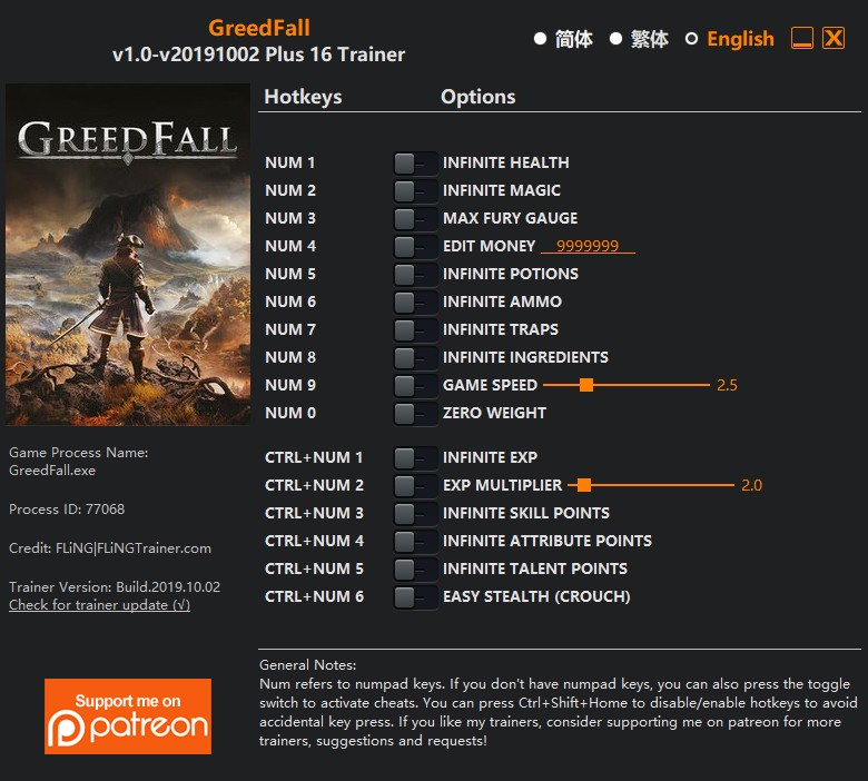 GreedFall: Trainer +16 v1.0-v20191002 {FLiNG}