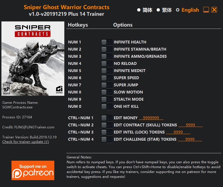 Sniper Ghost Warrior Contracts: Trainer +14 v1.0-v20191219 {FLiNG}