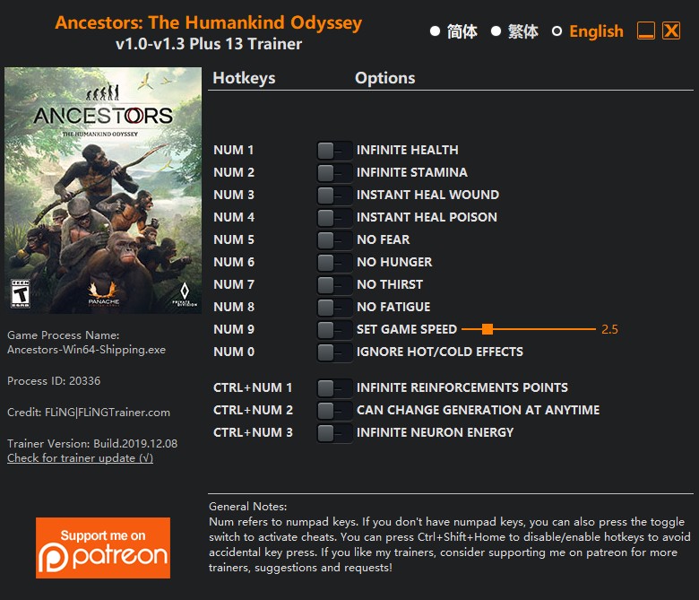 Ancestors: The Humankind Odyssey - Trainer +13 v1.0-v1.3 {FLiNG}
