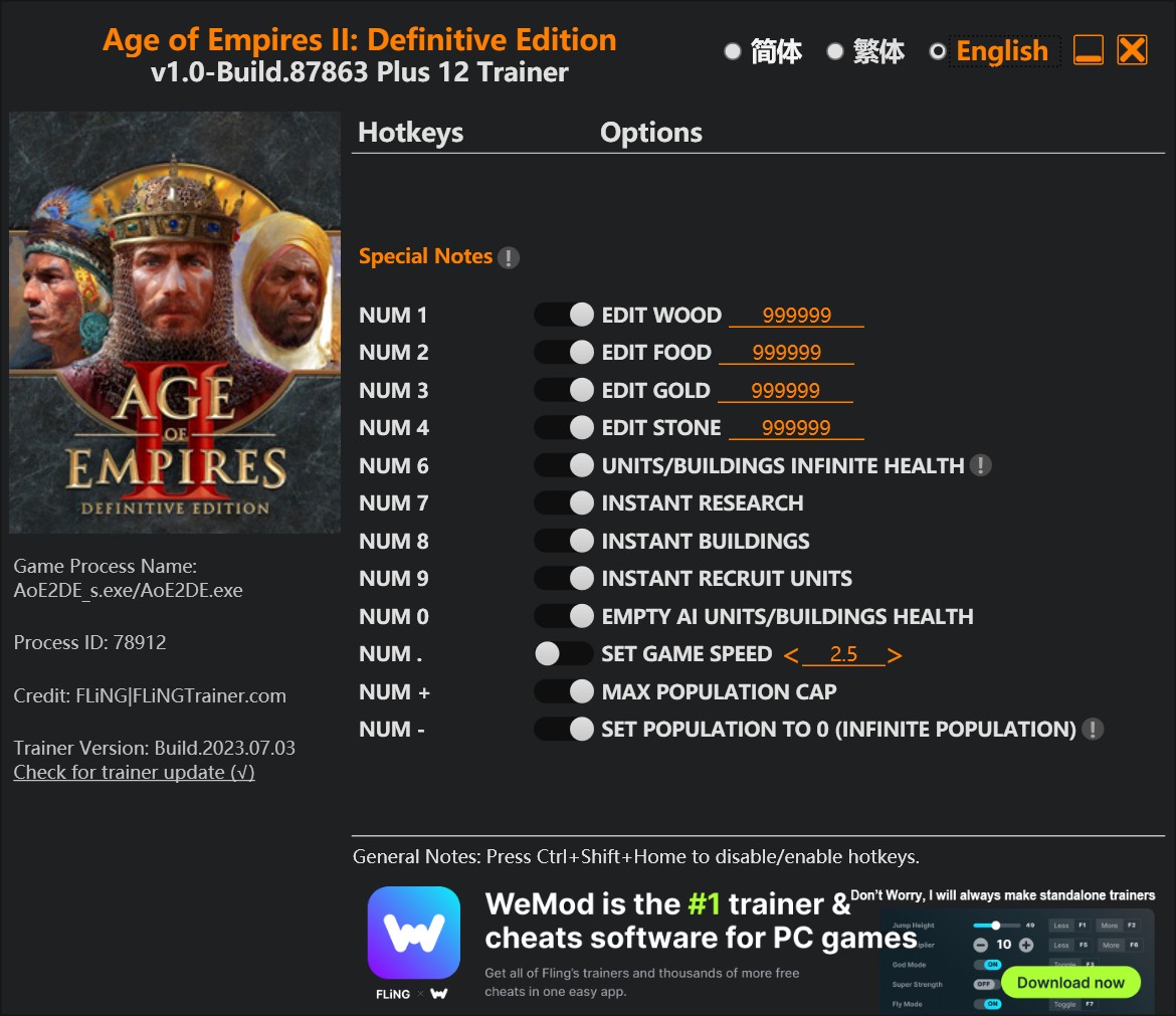 Age of Empires II: Definitive Edition - Trainer +11 v1.0-Build.87863 {FLiNG}
