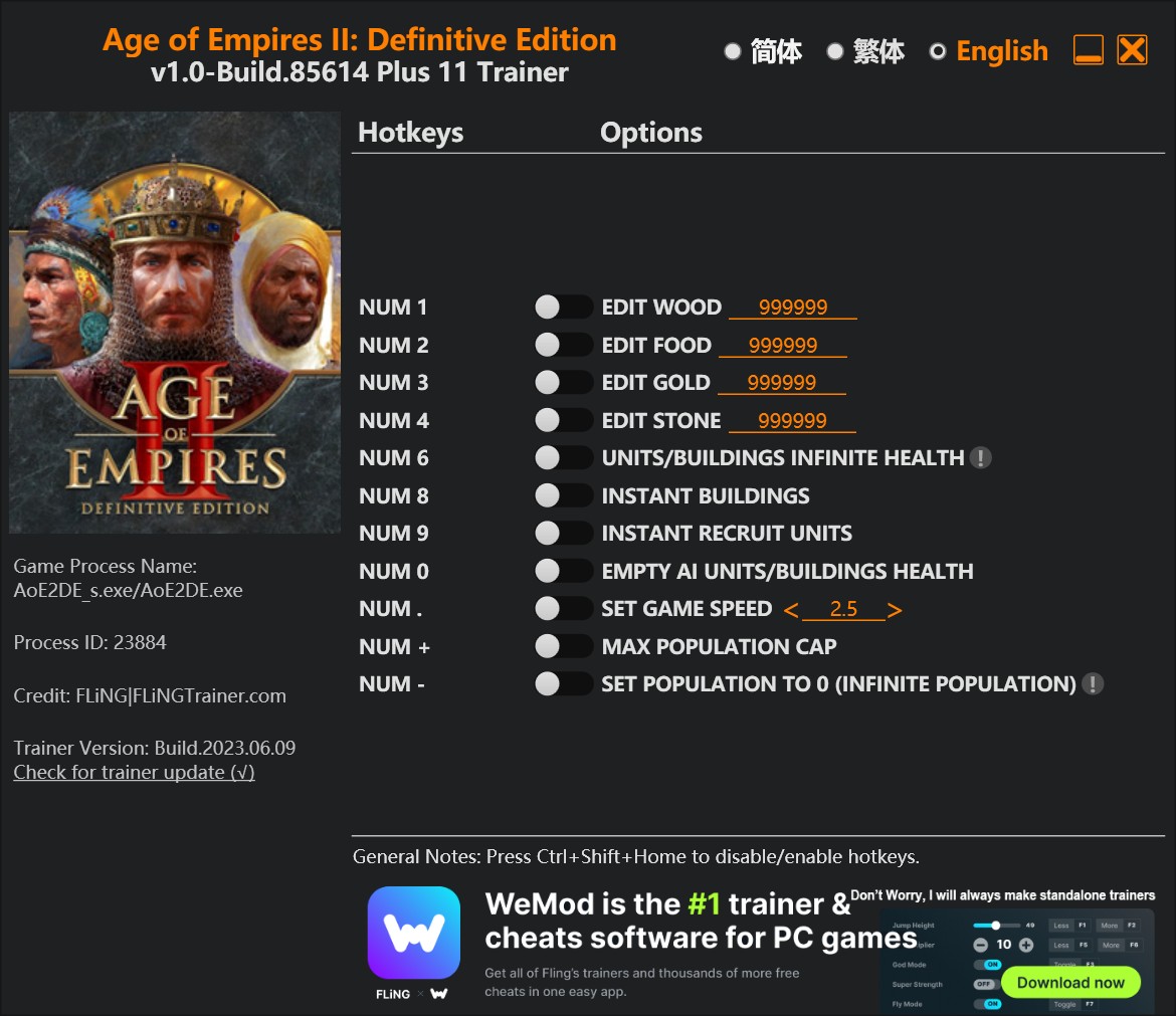 Age of Empires II: Definitive Edition - Trainer +11 v1.0-Build.85614 {FLiNG}