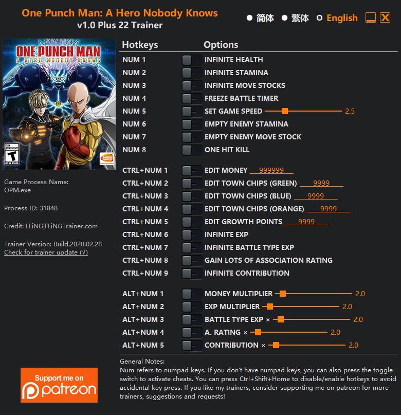 One Punch Man: A Hero Nobody Knows - Trainer +22 v1.0 {FLiNG}