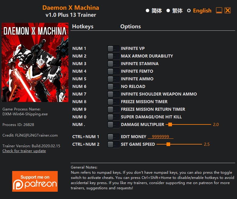Daemon X Machina: Trainer +13 v1.0 {FLiNG}