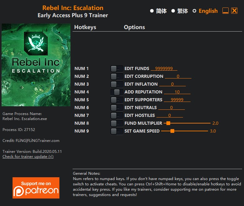 Rebel Inc: Escalation - Trainer +9 v0.6.0-v0.7.0 {FLiNG}