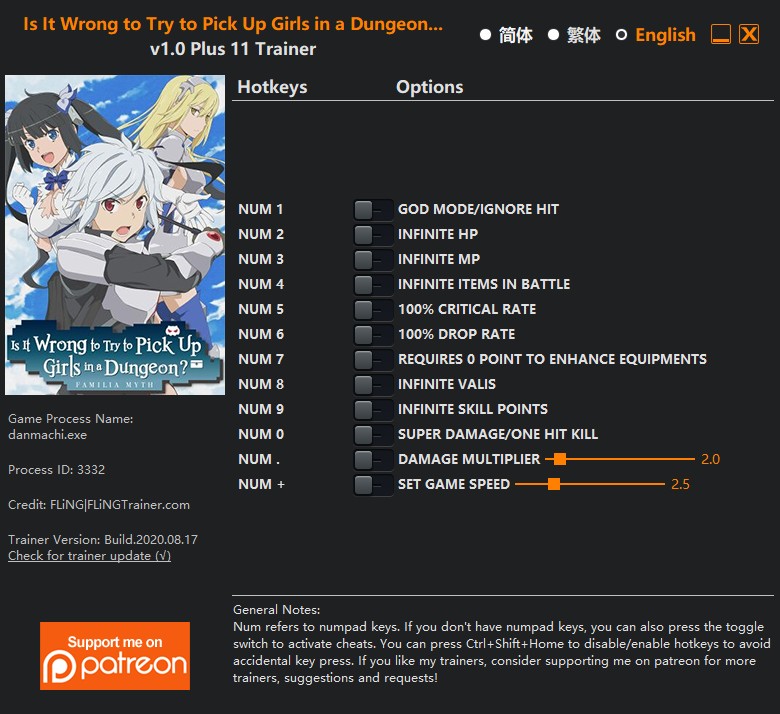 Is It Wrong to Try to Pick Up Girls in a Dungeon? Infinite Combate - Trainer +11 v1.0 {FLiNG}