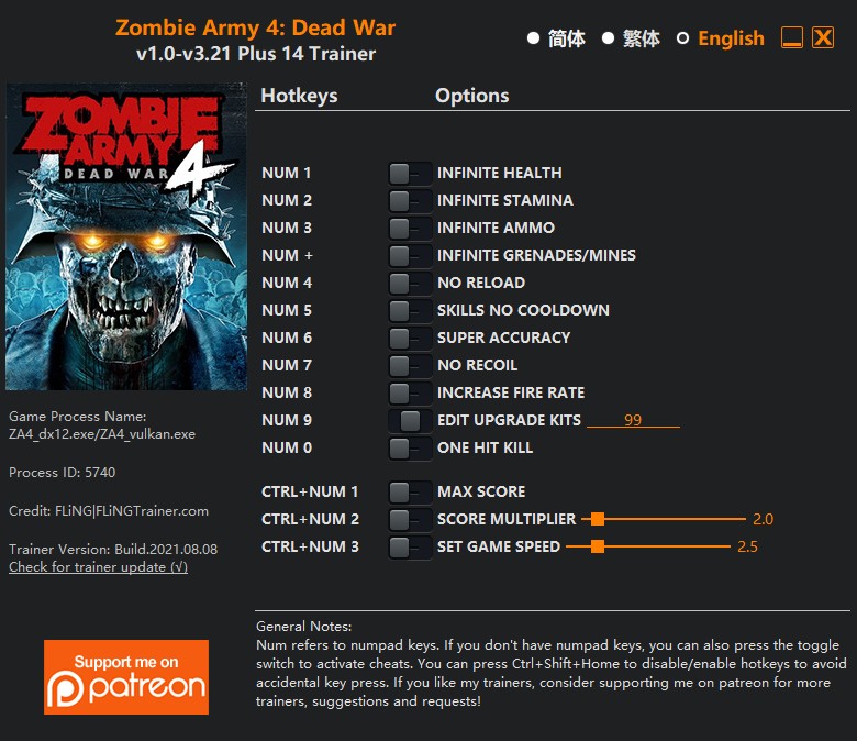 Zombie Army 4: Dead War - Trainer +14 DX12/Vulkan v1.0-v3.21 {FLiNG}