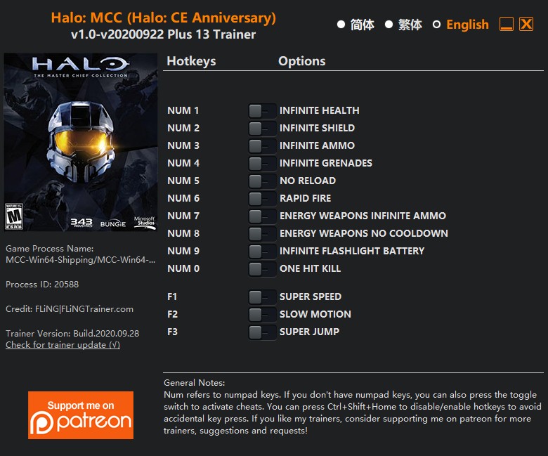 Halo: The Master Chief Collection (Halo: CE Anniversary) - Trainer +13 v1.0-v20200922 {FLiNG}