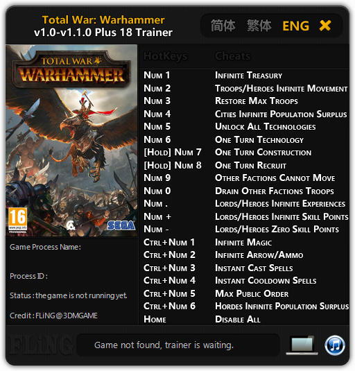 Total War: Warhammer: Trainer (+18) [1.0 - 1.1.0] {FLiNG}