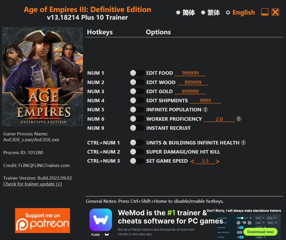 Age of Empires III: Definitive Edition - Trainer +10 v1.0-v18214 {FLiNG}