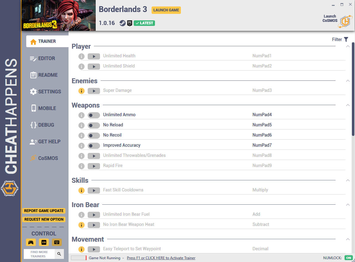 Borderlands 3: Trainer +69 v1.0.16 (04.09.2021) {CheatHappens.com}