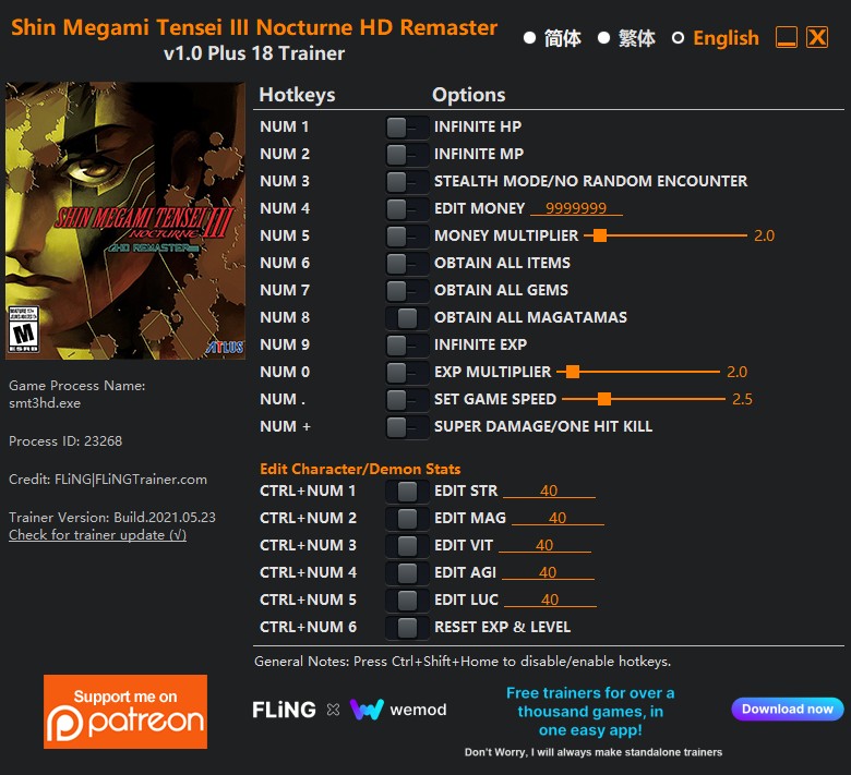 Shin Megami Tensei III Nocturne HD Remaster: Trainer +18 v1.0 {FLiNG}