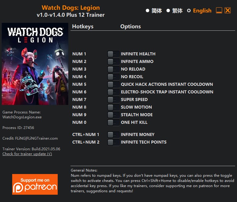 Watch Dogs: Legion - Trainer +12 v1.0-v1.4.0 {FLiNG}