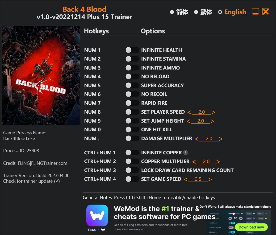 Back 4 Blood: Trainer +15 v1.0-v20221214 {FLiNG}