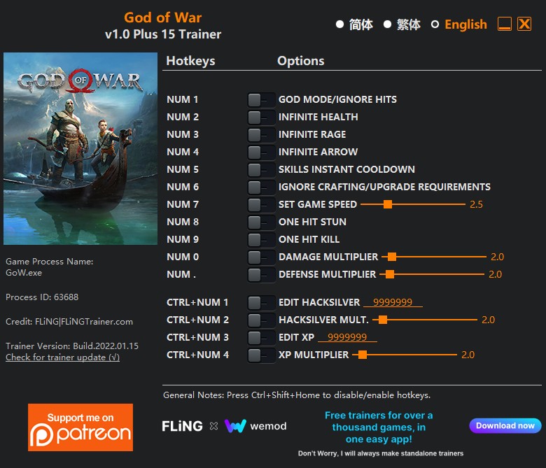 God of War: Trainer +15 v1.0 {FLiNG}