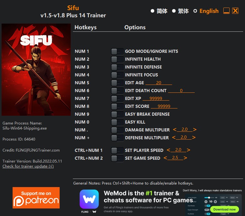 Sifu: Trainer +14 v1.5-1.8 {FLiNG}