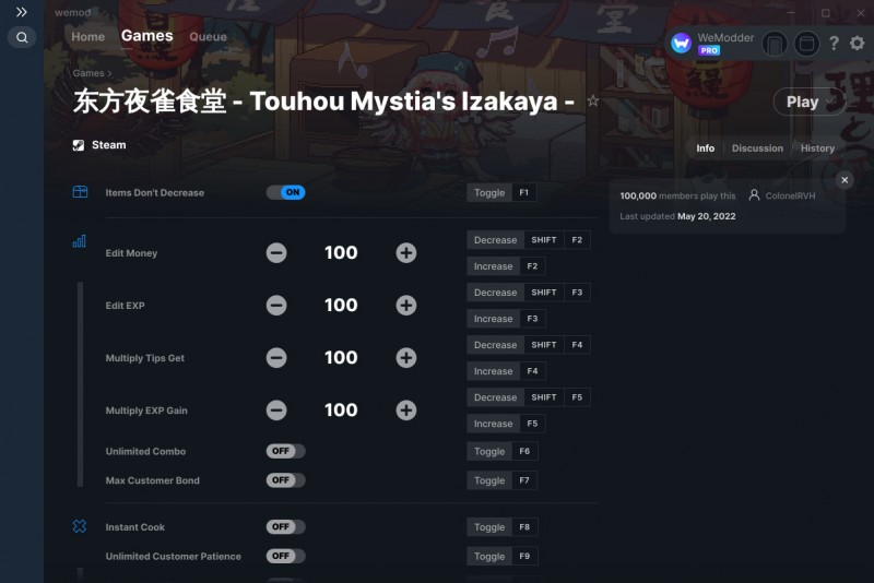 Touhou Mystia's Izakaya: Trainer +12 v1.9.1f {ColonelRVH / WeMod}