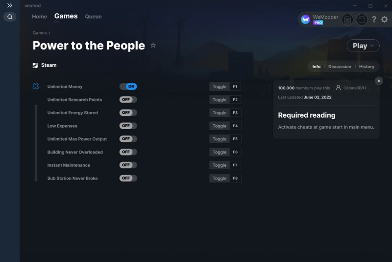 Power to the People: Trainer +8 v1.0.11.3 {ColonelRVH / WeMod}