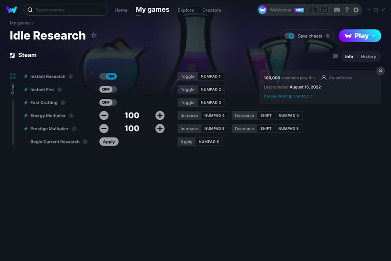 Idle Research: Trainer +6 v18.08.2022 {GreenHouse / WeMod}