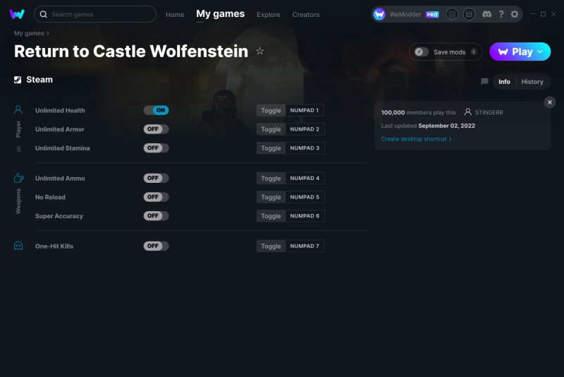 Return to Castle Wolfenstein: Trainer +7 v02.09.2022 {STiNGERR / WeMod}
