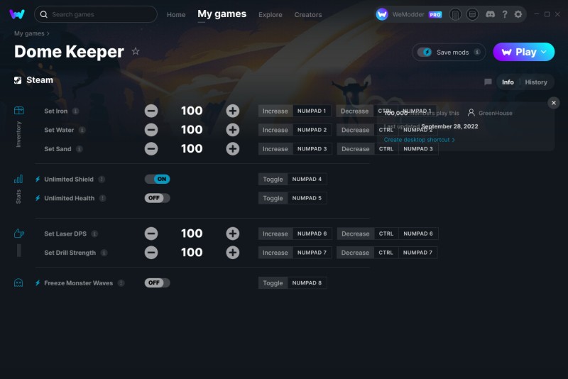 Dome Keeper: Trainer +8 v28.09.2022 {GreenHouse / WeMod}