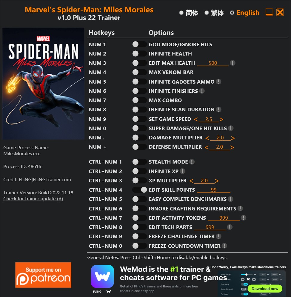 Marvel's Spider-Man: Miles Morales - Trainer +22 v1.0 {FLiNG}