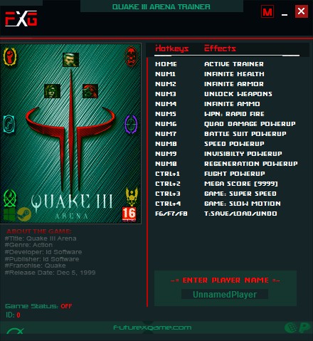 Quake 3 Arena: Trainer +15 v1.0 - 2.x {FutureX}
