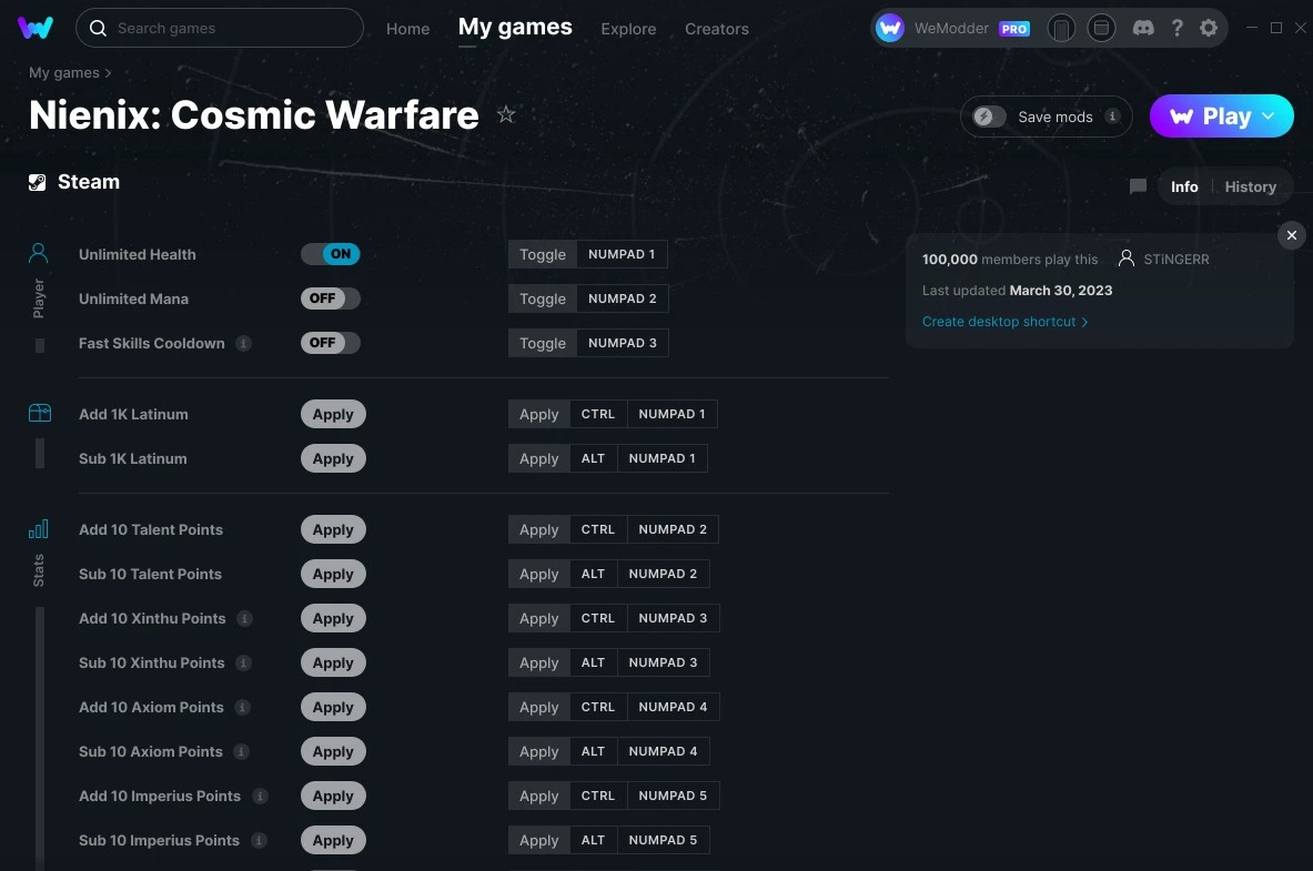 Nienix: Cosmic Warfare - Trainer +24 v31.03.2023 {STiNGERR / WeMod}