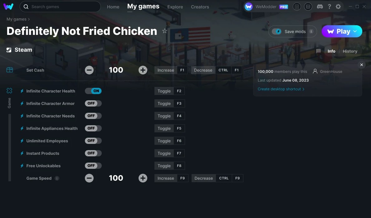 Definitely Not Fried Chicken: Trainer +9 v08.06.2023 {GreenHouse / WeMod}