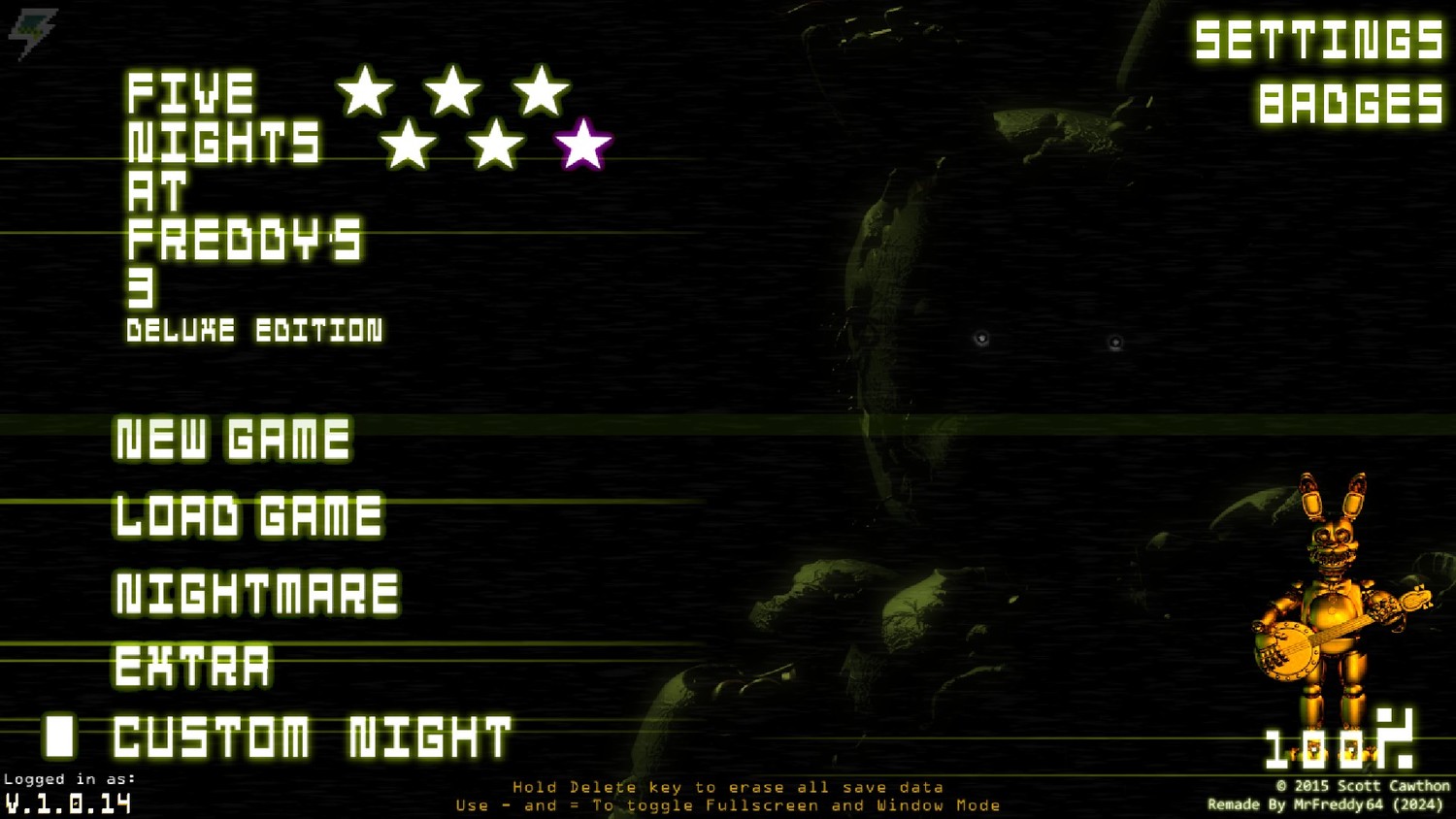 Five Nights At Freddy's 3: The Deluxe Edition - Save Game (Completed everything 100%, 6th star)