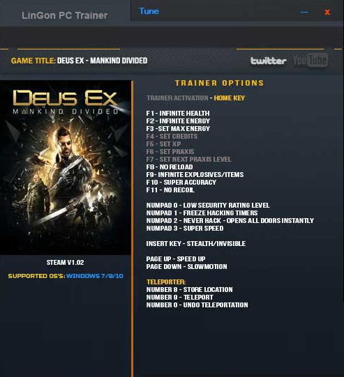 Deus Ex: Mankind Divided: Trainer (+20) [1.02] {LinGon}