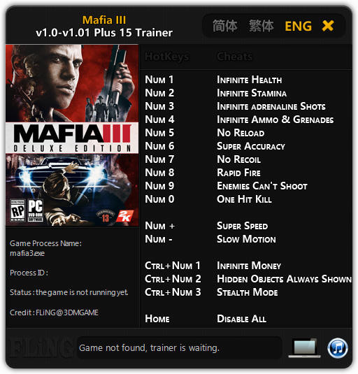 Mafia 3: Trainer (+15) [1.0 - 1.01] {FLiNG}