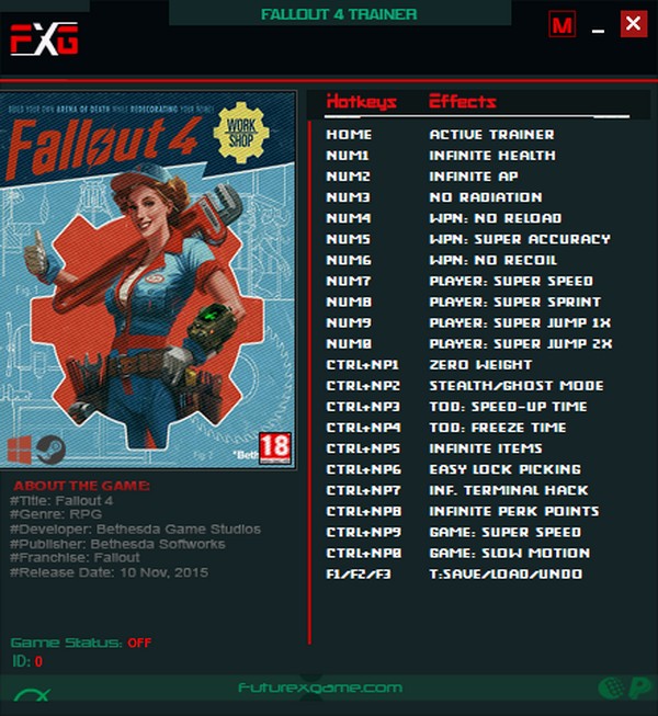 Fallout 4: Trainer +21 v1.0-v1.10.980.0 {FutureX}