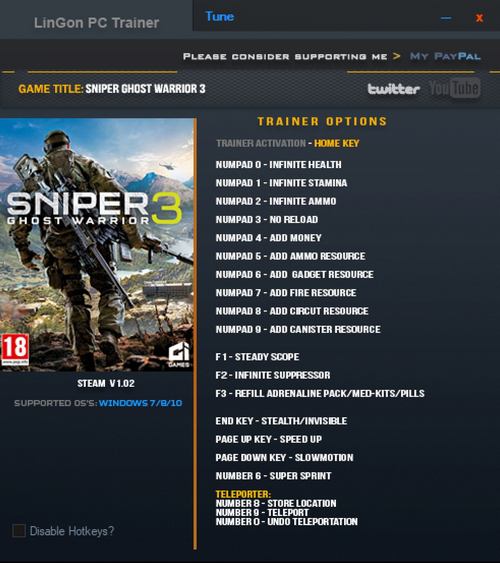 Sniper: Ghost Warrior 3 - Trainer +20 v1.02 (05.06.2022) {LinGon}
