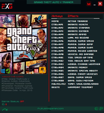 Grand Theft Auto 5: Trainer +20 v1.0.2802 (1.64) {FutureX}