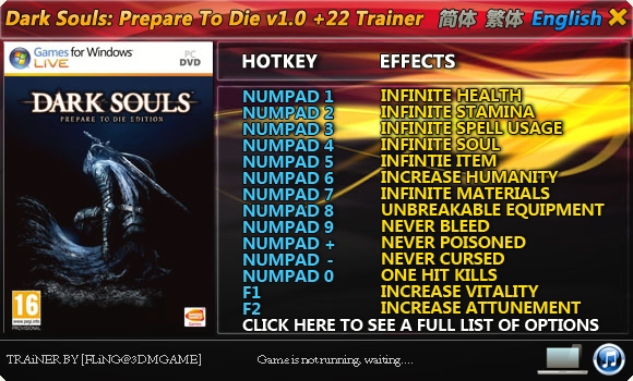Dark Souls - Prepare to Die Edition: Trainer +22 v1.0 {FLiNG}