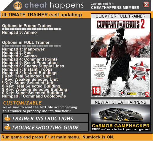 Company of Heroes 2: Trainer +11 v4.0.0.21863 (+BRITISH FORCES) {CheatHappens.com}