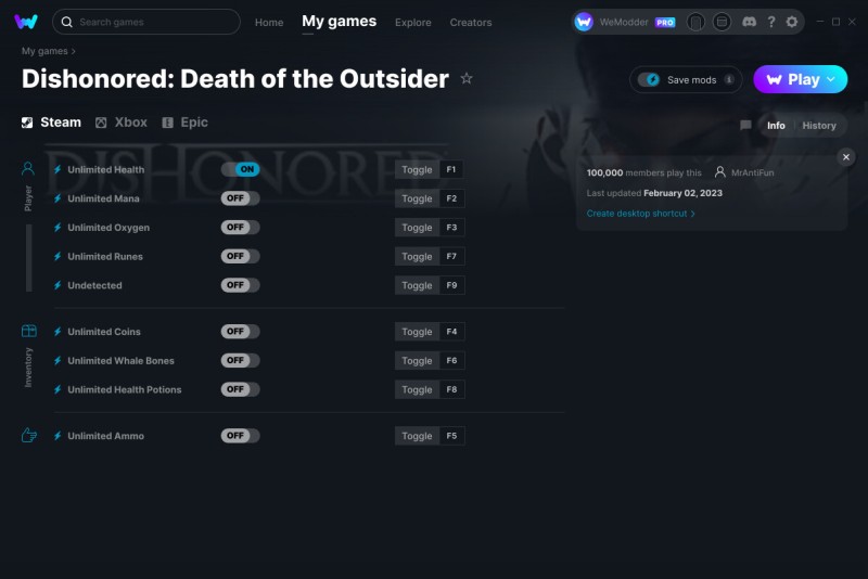 Dishonored: Death of the Outsider - Trainer +9 v02.02.2023 {MrAntiFun / WeMod}