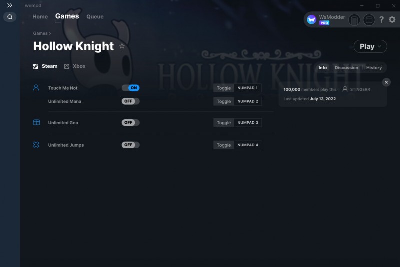Hollow Knight: Trainer +4 v1.5.80.11835 {STiNGERR / WeMod}