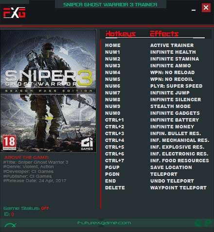 Sniper: Ghost Warrior 3: Trainer +19 v1.4 Update 1 {FutureX}