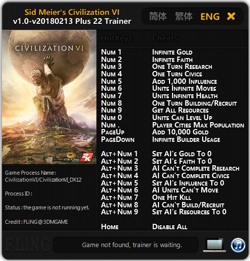Sid Meier’s Civilization 6: Trainer +22 v1.0 - Update 2018.02.13 {FLiNG}